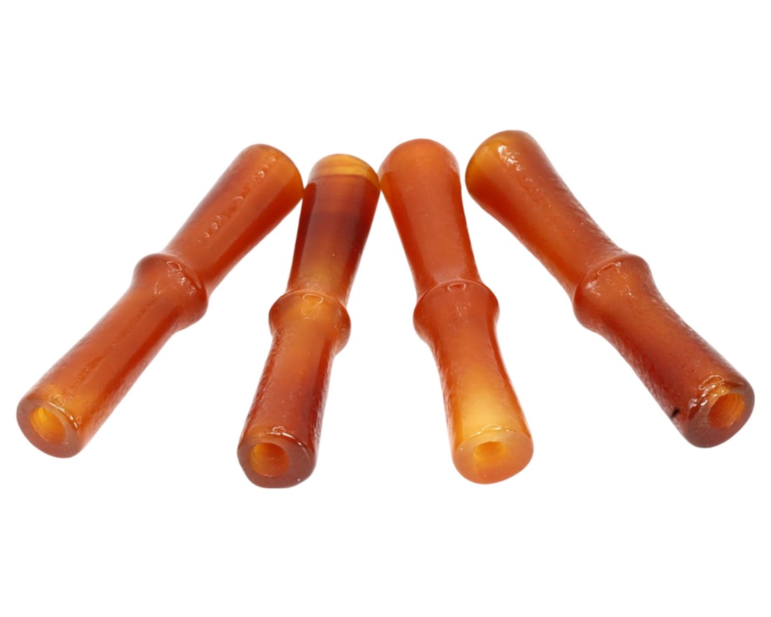 Collection of Vintage Qing Dynasty Carnelian 4 Bamboo Shaped Beads, c. 1644-1912: This exquisite collection of 4 bamboo shaped beads, made from fine carnelian, dates back to the Qing Dynasty (c. 1644-1912). These beads exemplify the masterful craftsmanship and rich cultural signifi