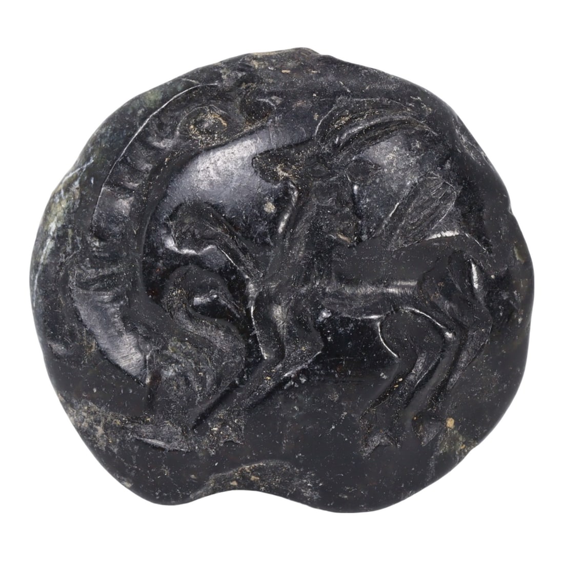 An Ancient Achaemenid Basalt Engraving Ibex Loop Stamp Seal, c. 550-330 BCE: This intricately carved engraving ibex loop stamp seal, made from fine basalt. Dating back to the Achaemenid period (c. 550-330 BCE), it exemplifies the exquisite craftsmanship and artistic ingenuity 