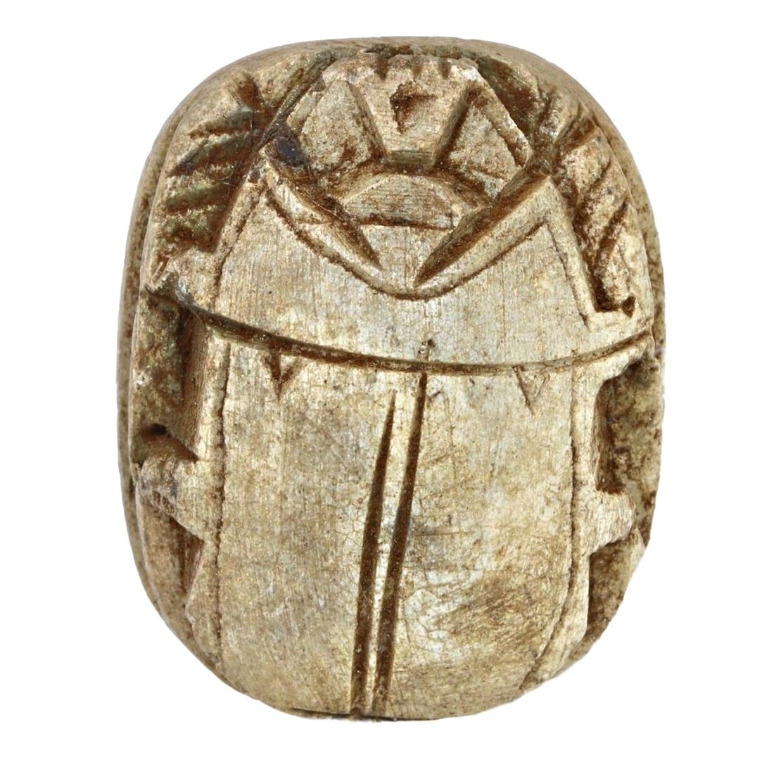 An Ancient Egyptian Steatite Scarab Seal, c. 1550-1070 BCE: This ancient Egyptian steatite scarab seal hails from the New Kingdom period, a time when such amulets were imbued with religious significance and used for sealing documents and declarations. Its intr