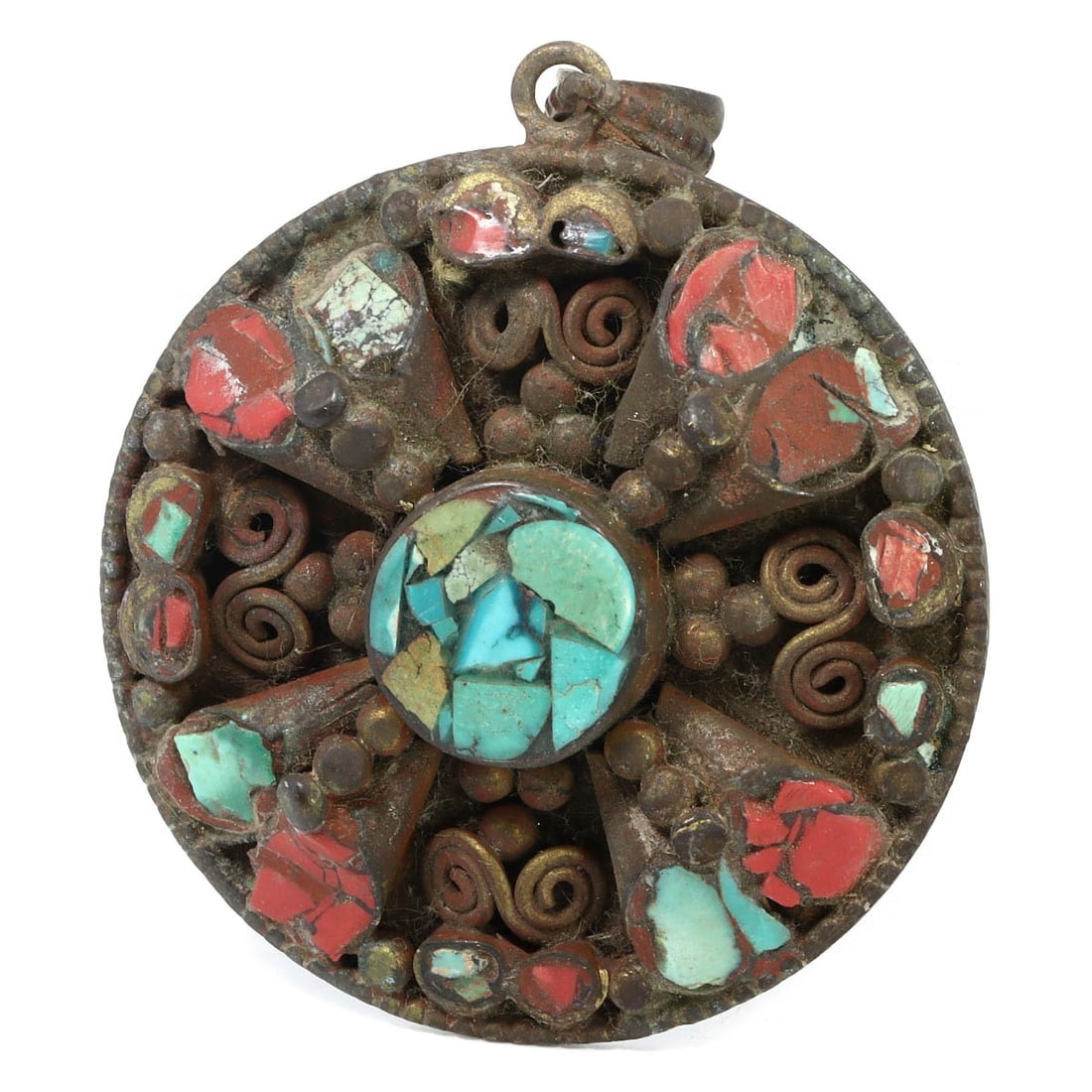 An Antique 19th Century Tibetan Silver, Turquoise, and Red Howlite Locket Amulet Pendant, c.: This exquisite locket amulet pendant, made from turquoise and red howlite chips set in silver. Dating back to the 19th century (c. 1800-1899), it exemplifies the intricate craftsmanship and spiritual 