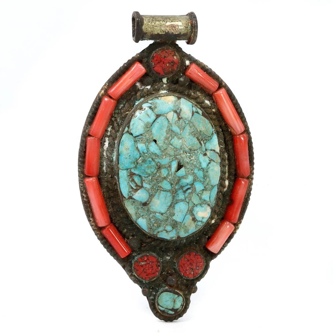 Collection of Antique Tibetan Turquoise and Coral Bead Locket Amulet Pendants, c. 18th - 19th (1 of 1)