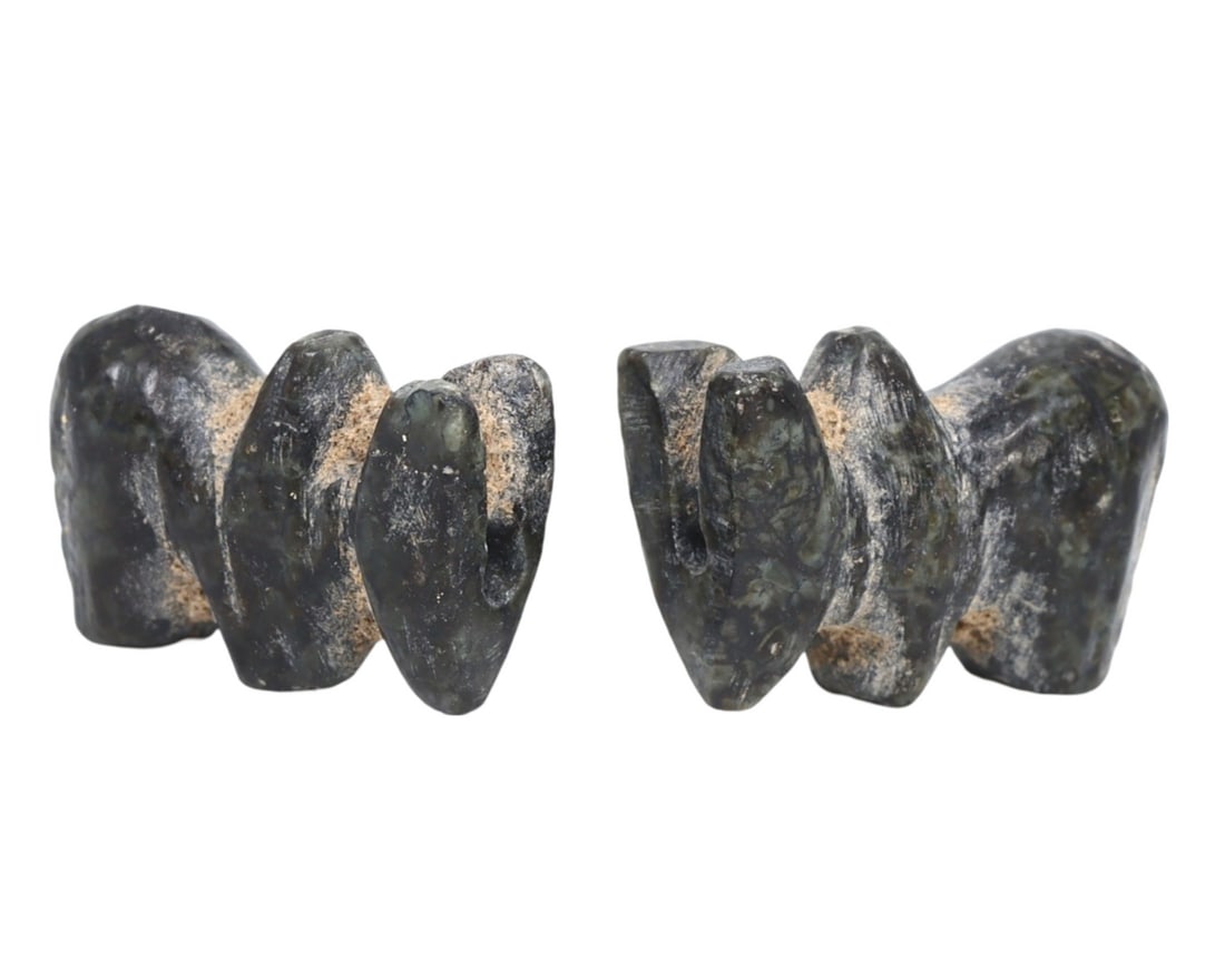 Lot of Antique Indus Valley Jasper Bull Zoomorphic Beads, c. 2500-1900 BCE: This pair of bull zoomorphic beads, made from fine jasper, dates back to the Indus Valley Civilization (c. 2500-1900 BCE). These exquisite beads exemplify the sophisticated craftsmanship and artistic 