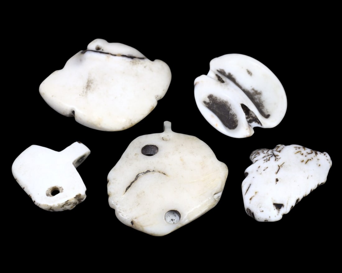 Collection of Ancient Sasanian Conch Shell Locket Amulets, c. 224-651 AD: This collection of 5 locket amulets, made from conch shell. Dating back to the Sasanian Period (c. 224-651 AD), it exemplifies the intricate craftsmanship and cultural significance of the time. Such a