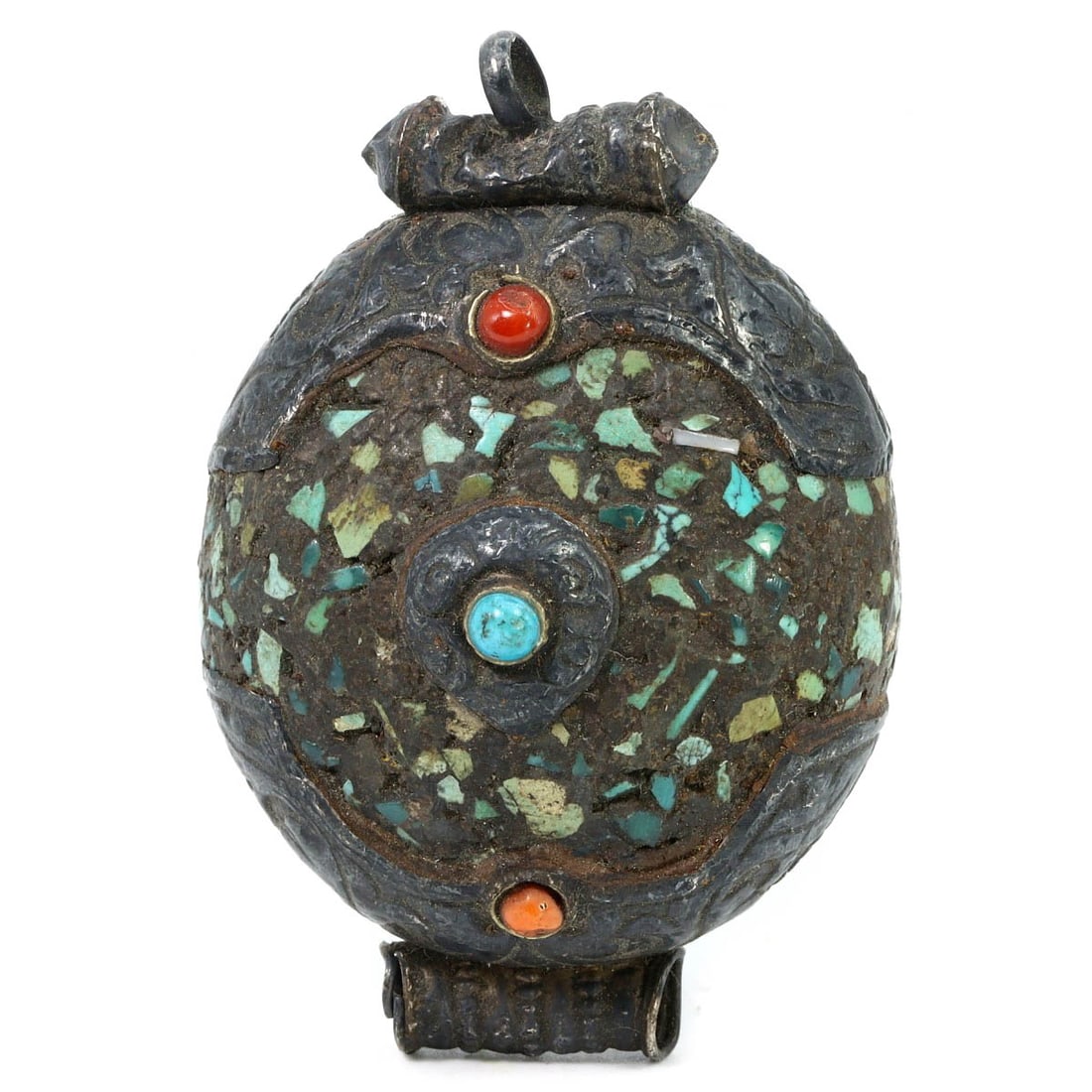 Collection of Antique Tibetan Silver, Turquoise, and Red Howlite Locket Amulet Pendants, c.: This exquisite collection of locket amulet pendants, made from silver and adorned with turquoise and red howlite chips. Dating back to the 18th-19th century, it exemplifies the intricate craftsmanship