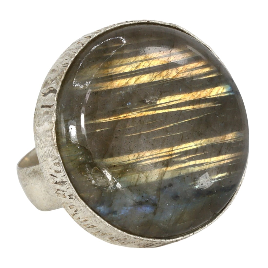 An Vintage Art Deco Labradorite Gilt Silver Cocktail Ring: This exquisite cocktail ring, made from stunning labradorite set in gilt silver. This ring exemplifies the elegant craftsmanship and bold geometric designs characteristic of the Art Deco period. Such 