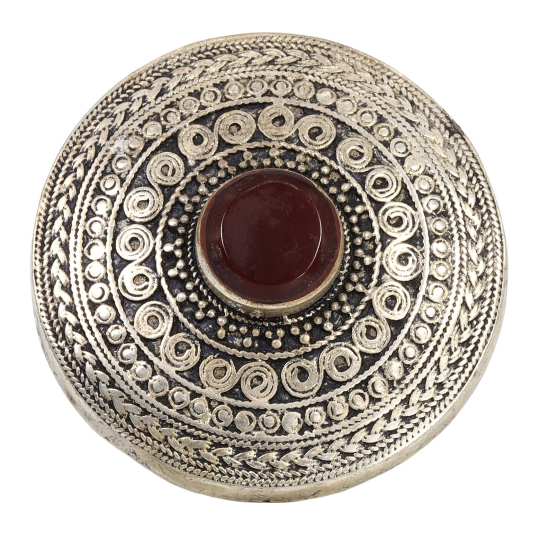 An Antique Ottoman Gilt Silver and Carnelian Cocktail Ring: This exquisite cocktail ring, made from gilt silver and adorned with a striking carnelian gemstone, exemplifies the intricate craftsmanship and cultural significance of the Ottoman period. This ring s