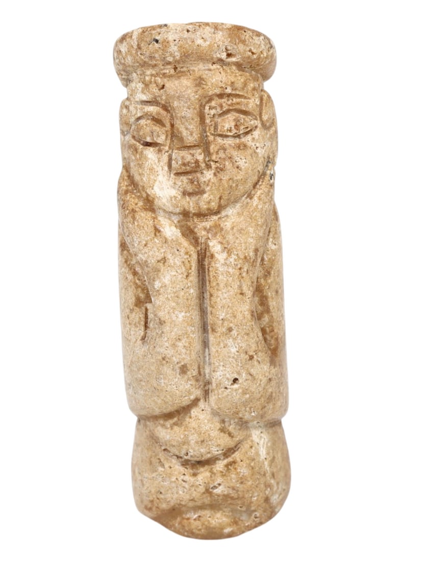 An Antique Sumerian Steatite Carved Votive Prayer Bead: This exquisite carved votive prayer bead, made from steatite. This prayer bead exemplifies the meticulous craftsmanship and profound cultural significance of the Sumerian civilization. Such beads were