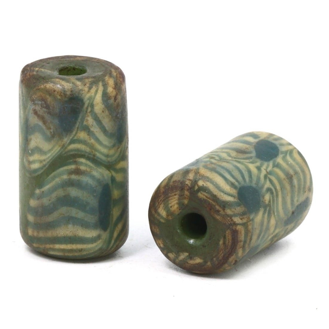 Pair of Antique Sassanian Mosaic Glass Beads, c. 224-651 AD: This pair of vase-shaped beads, made from celadon, roycroft copper red, and verde marron mosaic glass. Dating back to the Sassanian period (c. 224-651 AD), it exemplifies the intricate craftsmanship a