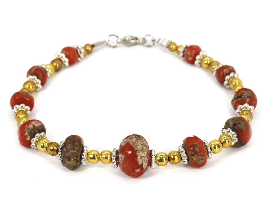 Collection of Vintage Tibetan Coral and Gilt Silver Beaded Bracelets, c. 1900-1950 (1 of 1)