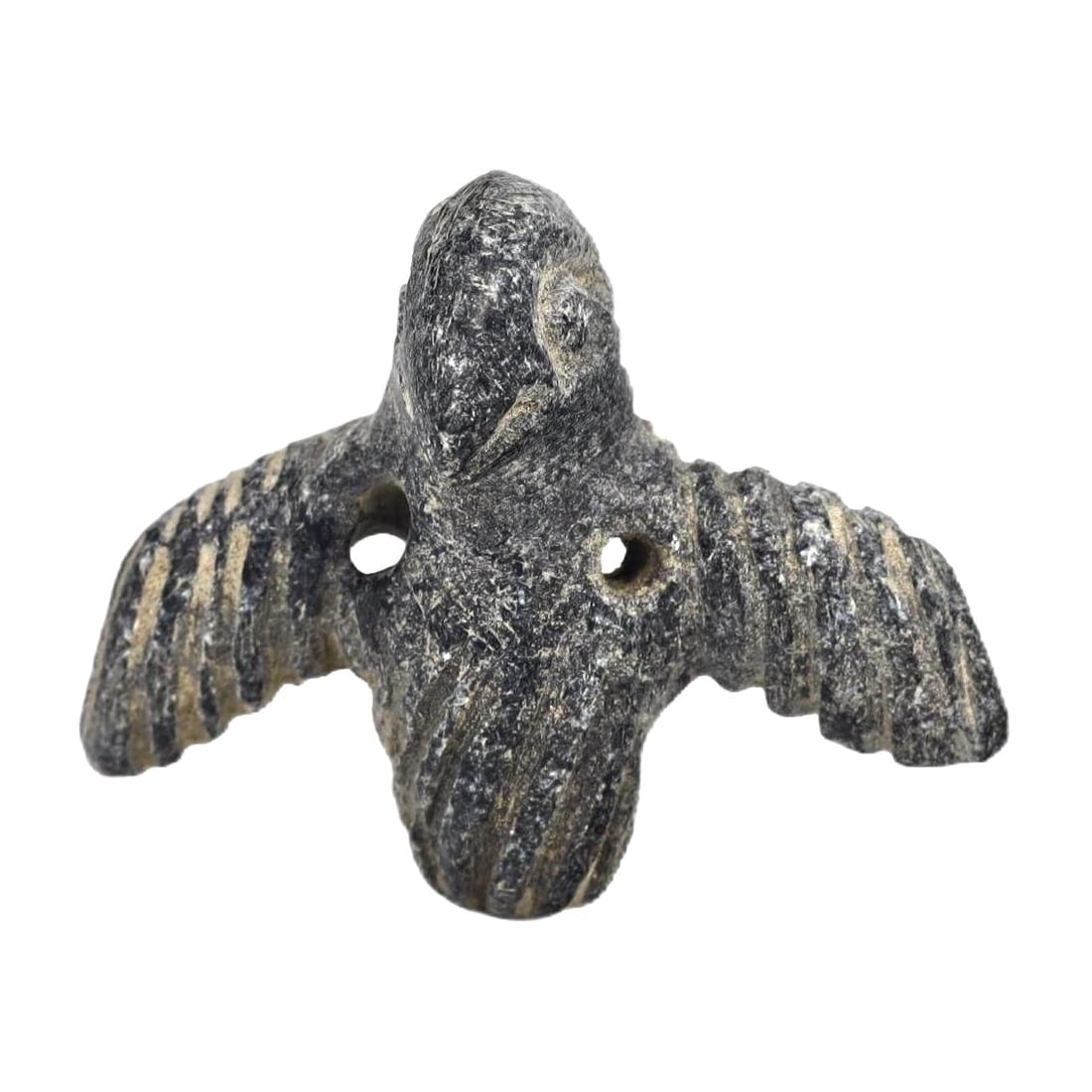 Collection of Ancient Sumerian Chlorite Schist Carved Heraldic Bird Figure Amulet, c. 2900-2334 BCE: This exquisite carved heraldic bird figure amulet, made from fine chlorite schist, dates back to the Sumerian period (c. 2900-2334 BCE). It exemplifies the intricate craftsmanship and symbolic artistr