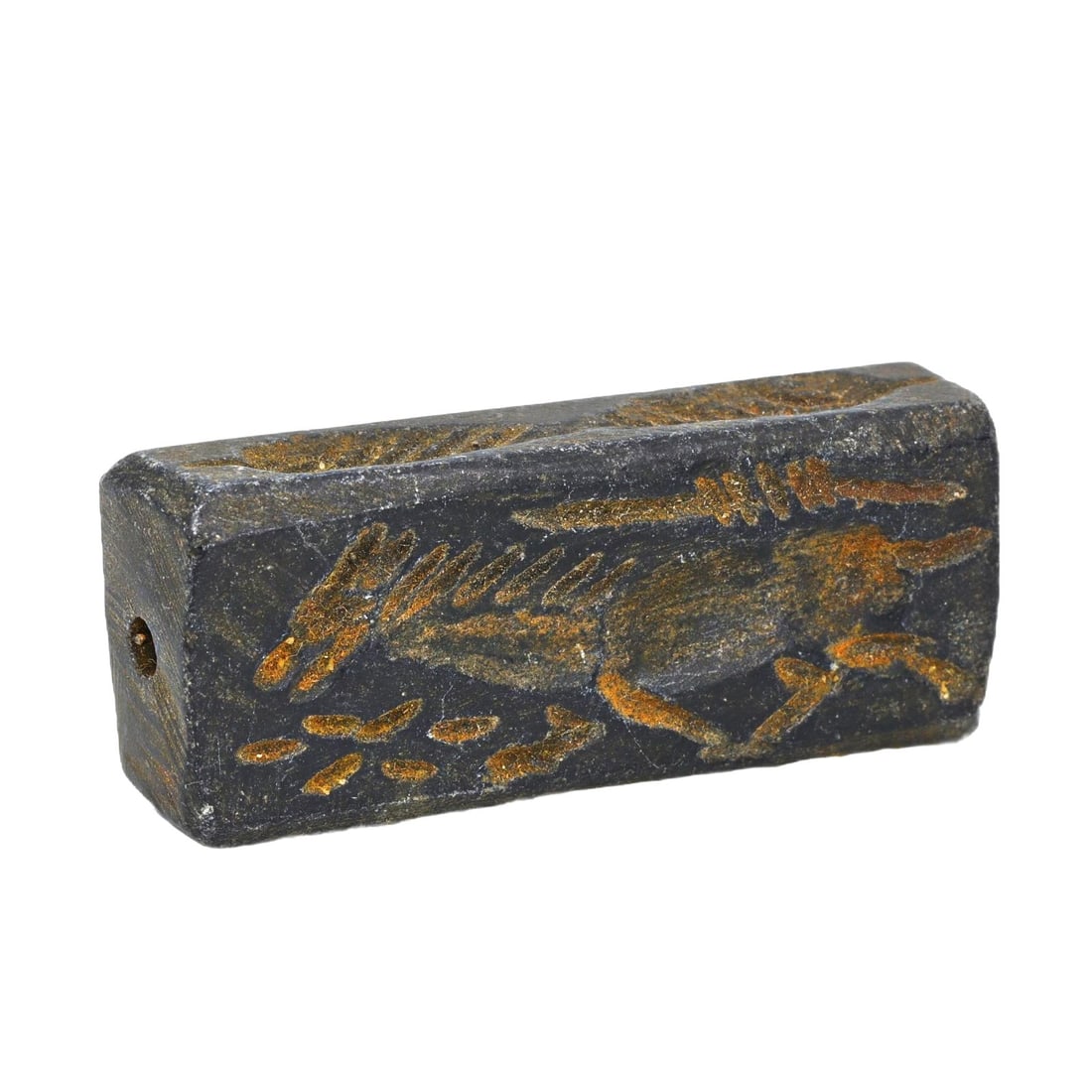 An Ancient Achaemenid Steatite Double Convex Amulet with Images of Bovines, c. 550-330 BCE: This double convex amulet, made from weathered shingle and orange steatite. Dating back to the Achaemenid period (c. 550-330 BCE), it exemplifies the fine craftsmanship and cultural significance of th