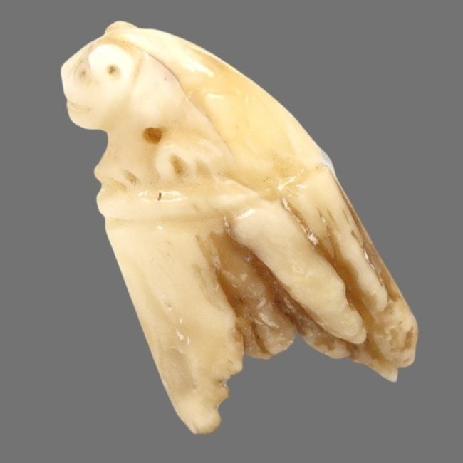 A Vintage Carved Animal Tooth Amulet, 19th-20th Century: This artifact is a vintage carved animal tooth, sized 3.5 x 1.8 cm, likely used as a ritual amulet. Notably not ivory, the carving depicts a figure, which could be indicative of cultural beliefs and p