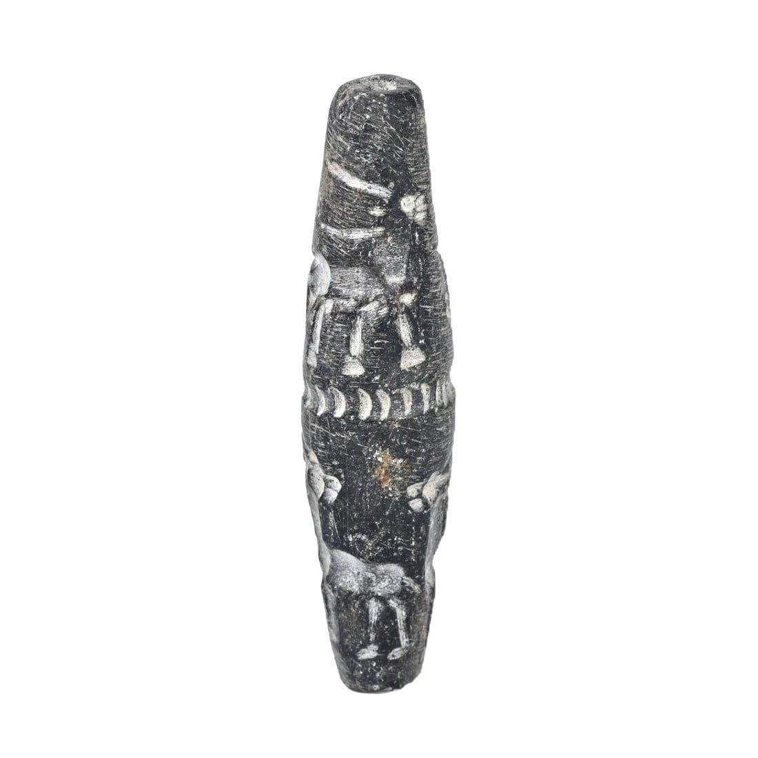 An Ancient Mesopotamian Steatite Cylinder Seal, Neo-Sumerian Period (Ur III), c. 2112-2004 BCE: This cylinder seal, crafted during the Neo-Sumerian Period, is intricately engraved with figures and motifs that illustrate the religious and social activities of the time. Cylinder seals such as this