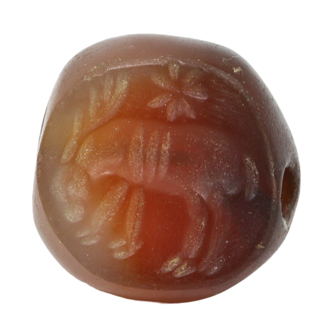 An Ancient Sasanian Carnelian Hemispherical Stamp Seal, c. 224-651 AD: This exquisite hemispherical stamp seal, made from warming peach and caramelized carnelian. Dating back to the Sasanian Empire (c. 224-651 AD), it exemplifies the intricate craftsmanship and sophistic