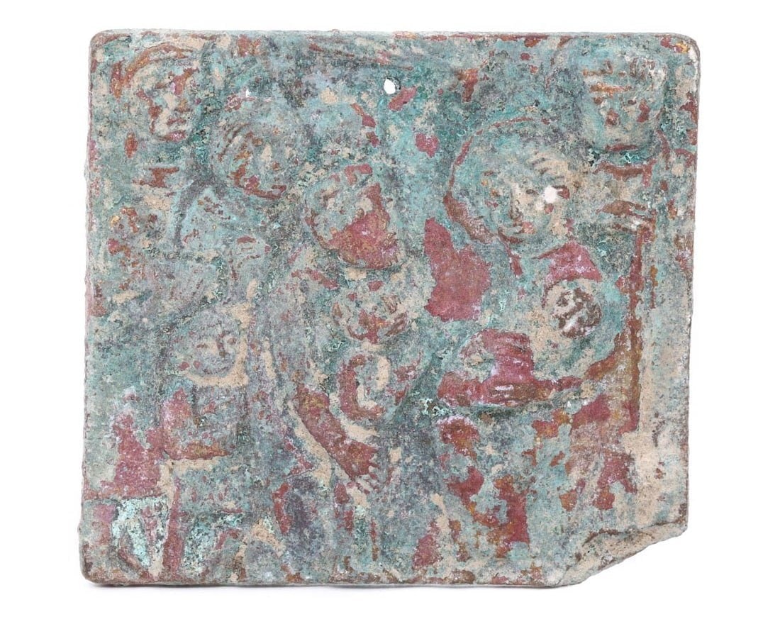 Ancient Byzantine Bronze Christian Iconographic Plaque, c. 4th-7th Century CE: Category: Religious & Spiritual Objects / Christian Collectibles This bronze plaque from the Byzantine era features early Christian iconography, depicting scenes likely used for devotional purposes. T