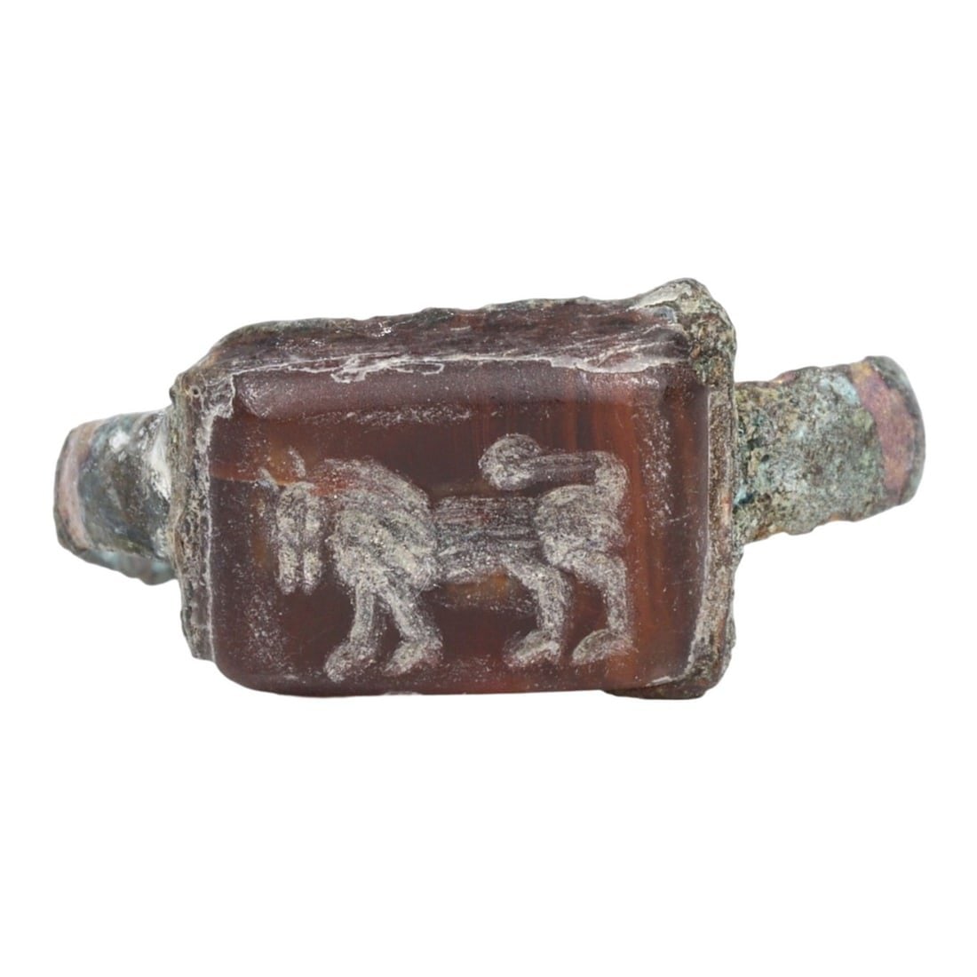 An Ancient Sasanian Carnelian Bronze Stamp Seal Signet Ring, c. 224-651 AD: This exquisite stamp seal signet ring, made from rich red-orange carnelian and bronze. Dating back to the Sasanian period (c. 224-651 AD), it exemplifies the intricate craftsmanship and cultural signi