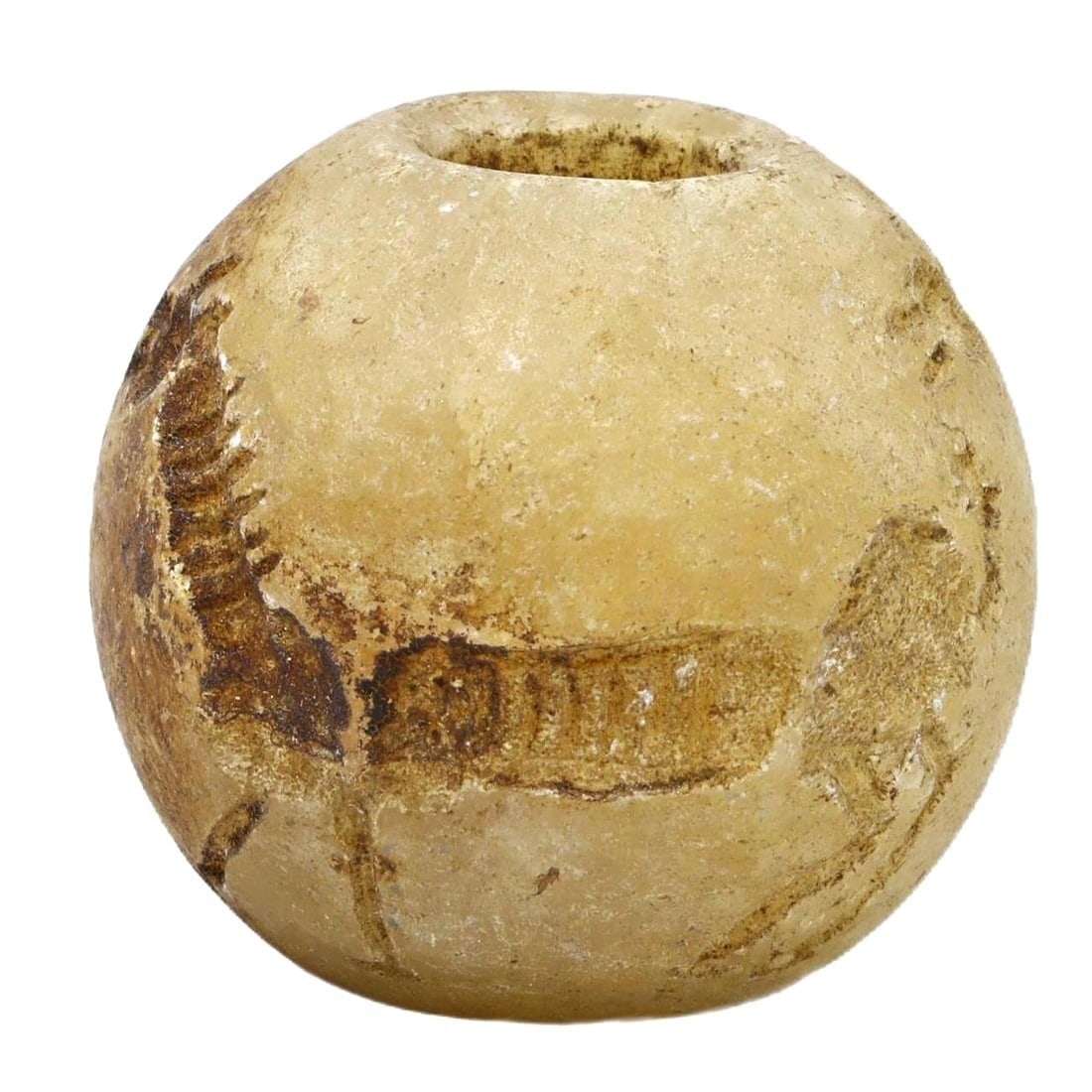 A Mesopotamian Calcite Cylinder Seal, ca. 800-600 BCE: Category: Cylinder Seals and Impressions This cylinder seal, carved from calcite, dates from the Neo-Assyrian period, showcasing intricate engraving of mythological scenes which were common in Mesopot