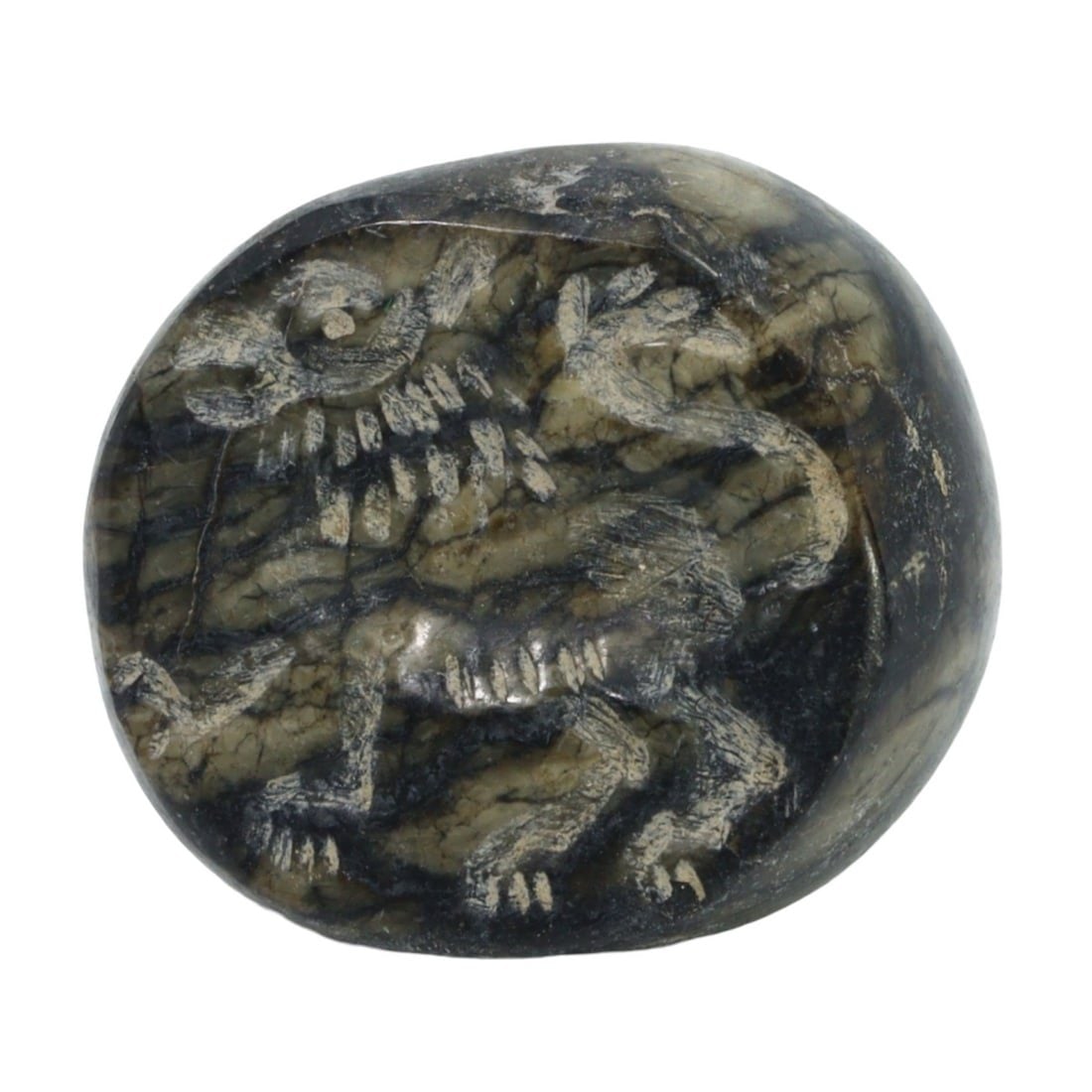 An Ancient Sasanian Carnelian Hemispherical Stamp Seal Carved Predator, c. 224-651 CE: This finely crafted hemispherical stamp seal, made from exquisite carnelian, dates back to the Sasanian Empire (c. 224-651 CE). It exemplifies the intricate craftsmanship and cultural significance of 