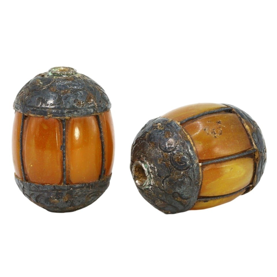 Lot of Vintage Tibetan Pressed Amber and Gilt Silver Prayer Beads, c. 19th-20th Century: This lot includes 2 pressed amber prayer beads, made from pressed amber and gilt silver. These prayer beads exemplify the exquisite craftsmanship and deep cultural significance of Himalayan Tibetan ar