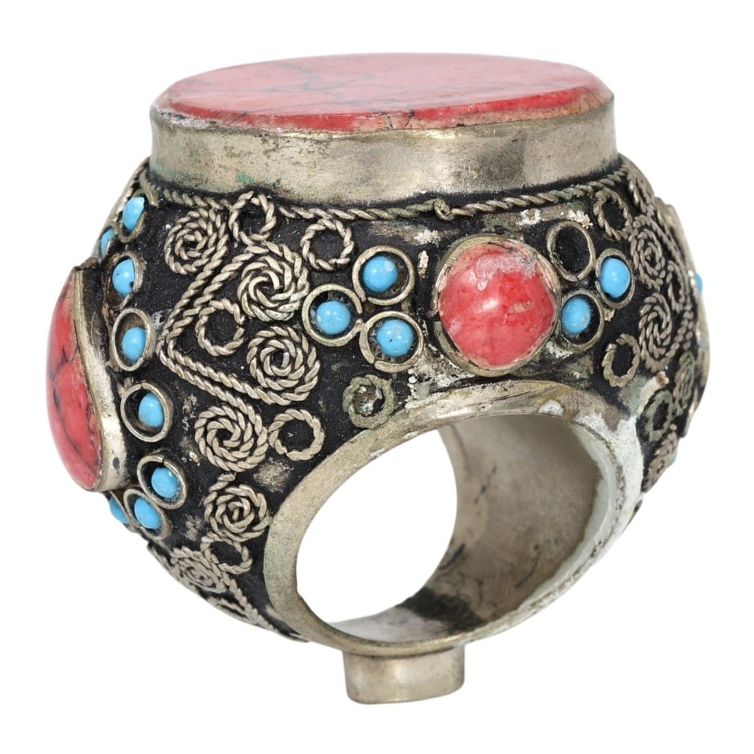 An Antique Medieval Gilt Silver, Turquoise, and Howlite Cocktail Ring (1 of 3)