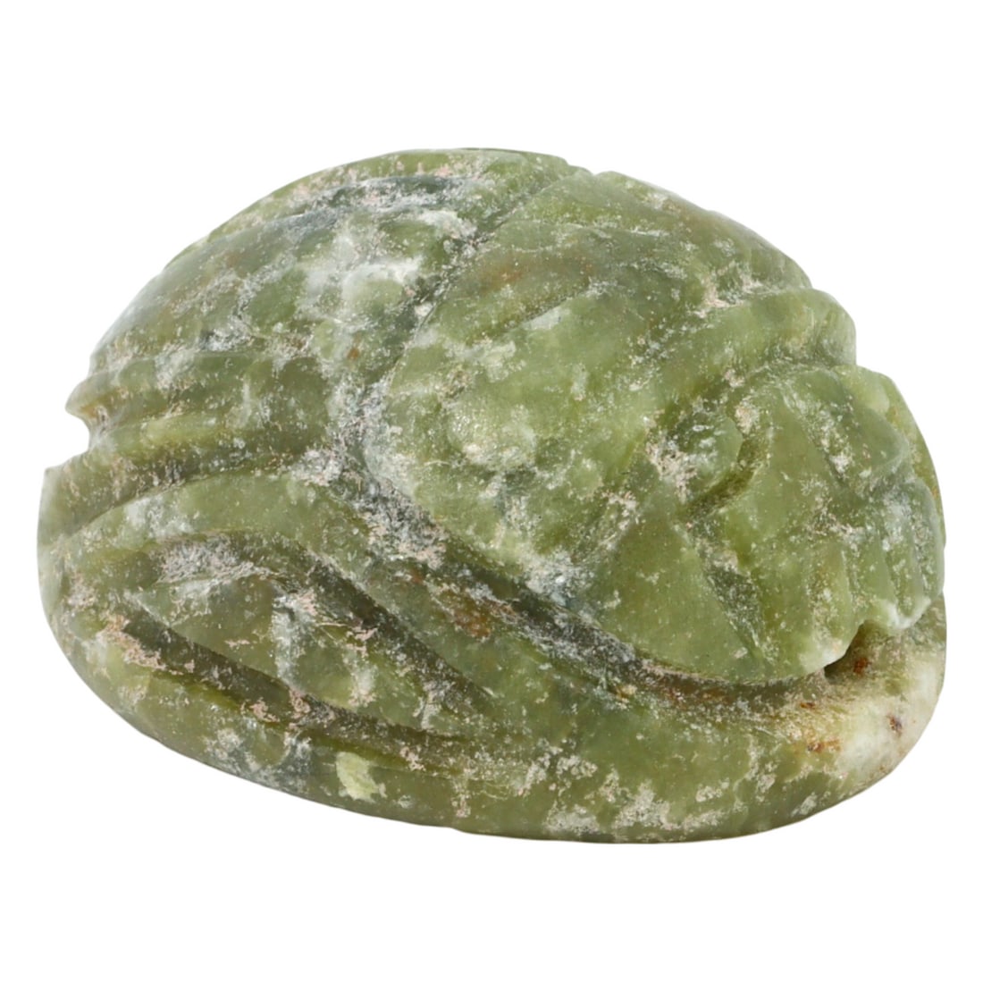 Ancient Egyptian Serpentine Scarab Bead: This serpentine scarab bead exemplifies the exquisite craftsmanship and profound cultural significance of ancient Egyptian art. Carved with meticulous detail, the sacred scarab beetle depicted on this