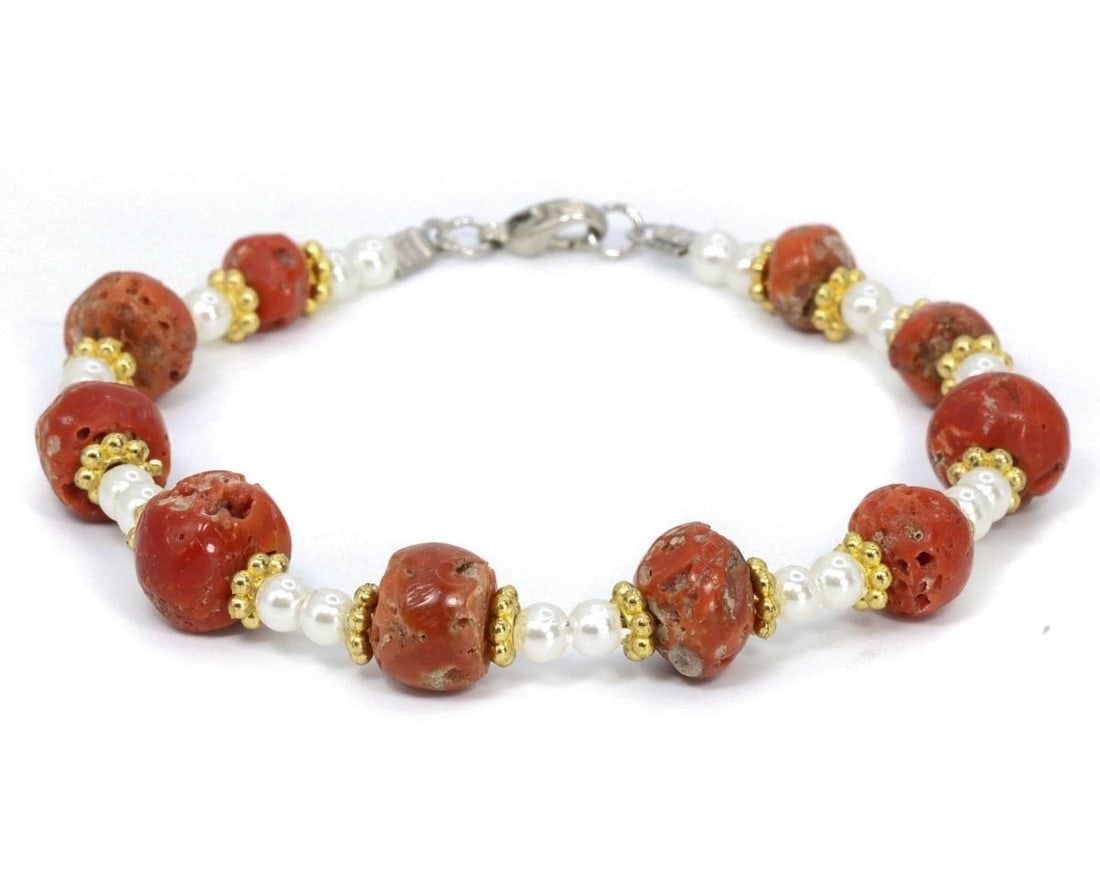 Collection of Vintage Early 20th Century Coral and Pearl Beaded Bracelets, c. 1900-1930 (1 of 1)