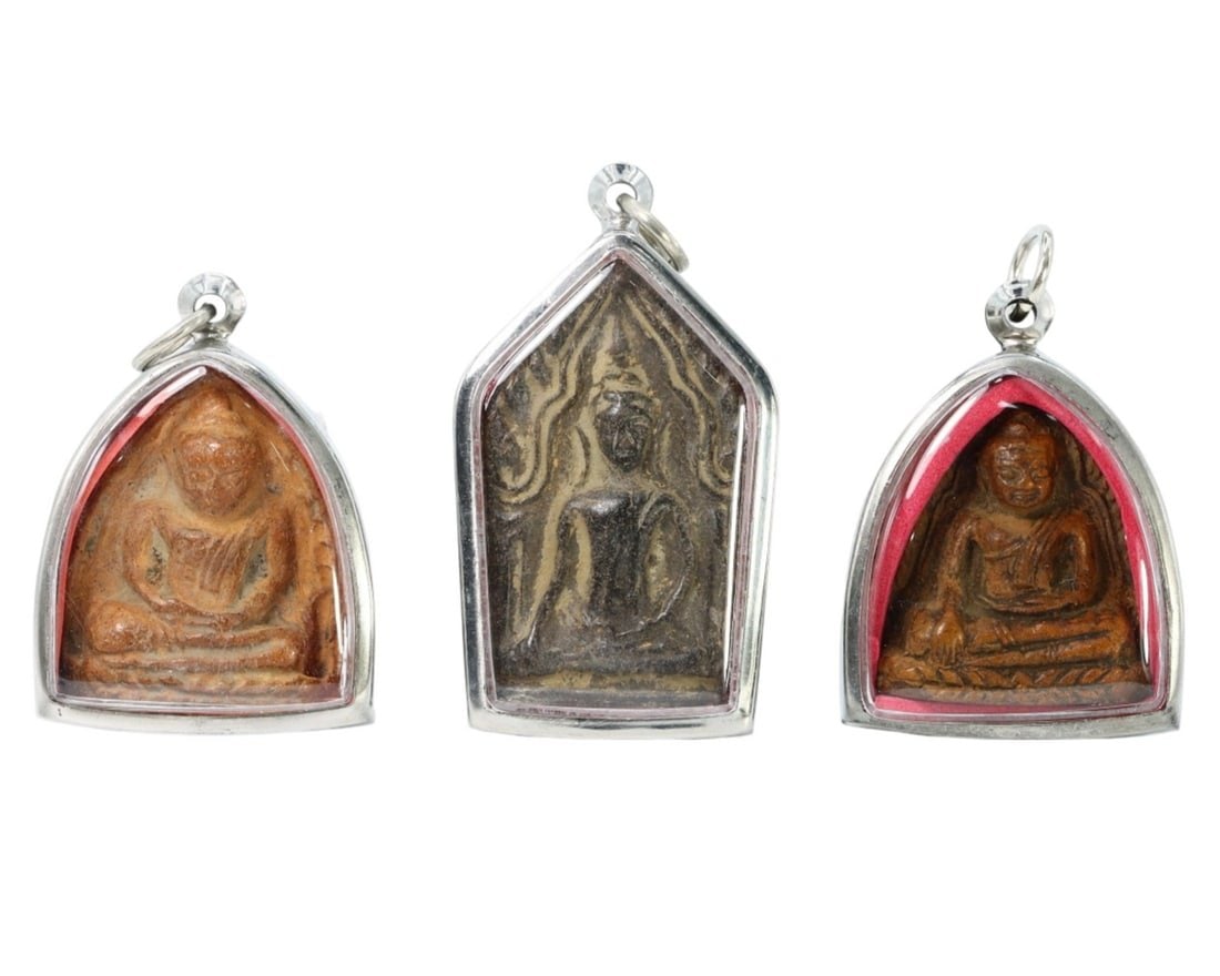 Lot of 3 Traditional Thai Clay, Gold Leaf, and Silver Amulets Lockets Set: Lot of 3 Traditional Thai Clay, Gold Leaf, and Silver Amulets Lockets Set