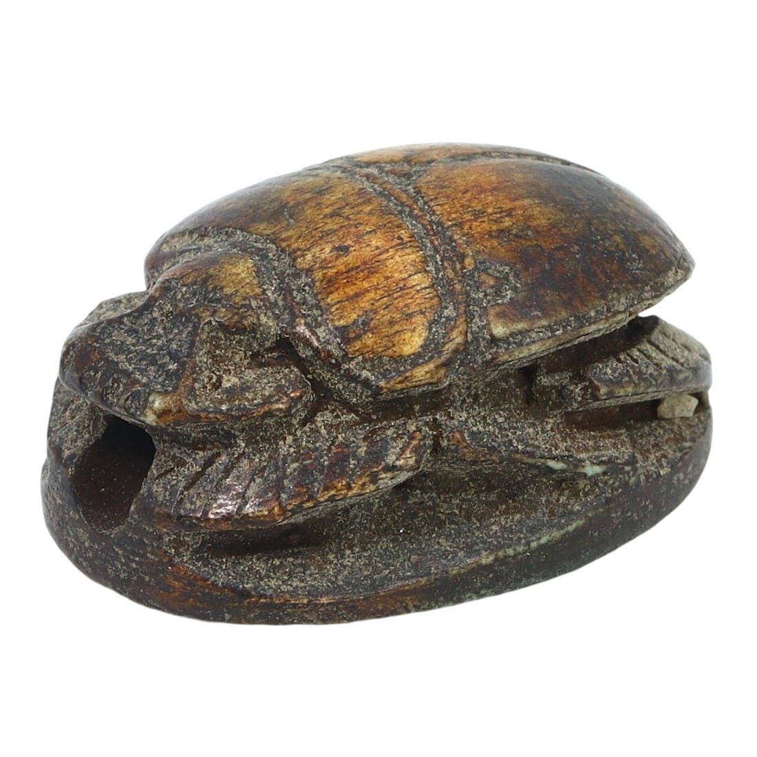 Ancient Egyptian Steatite Scarab Bead: This steatite scarab bead exemplifies the meticulous craftsmanship and profound cultural significance of ancient Egyptian artisans. Carved from steatite, it depicts the sacred scarab beetle, a symbol 