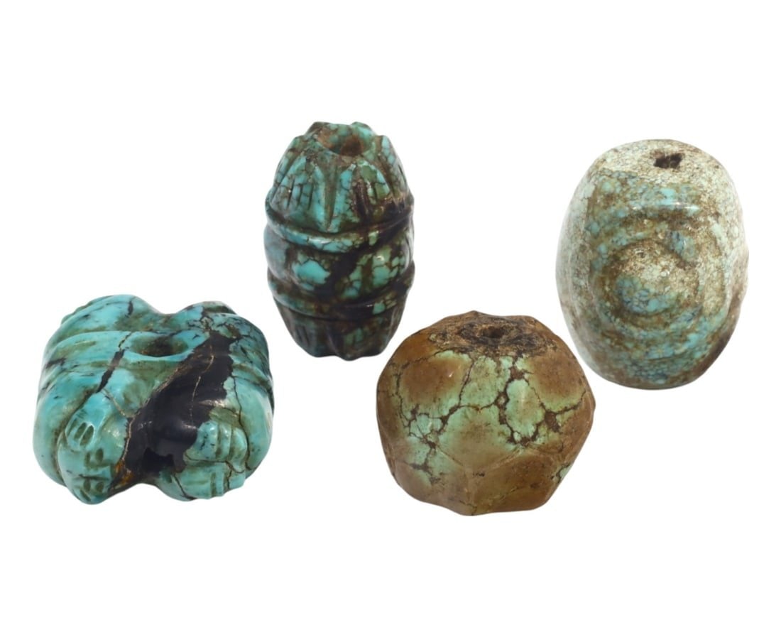 Lot of 4 Antique Himalayan Tibetan Tribal Carved Turquoise Beads (1 of 1)