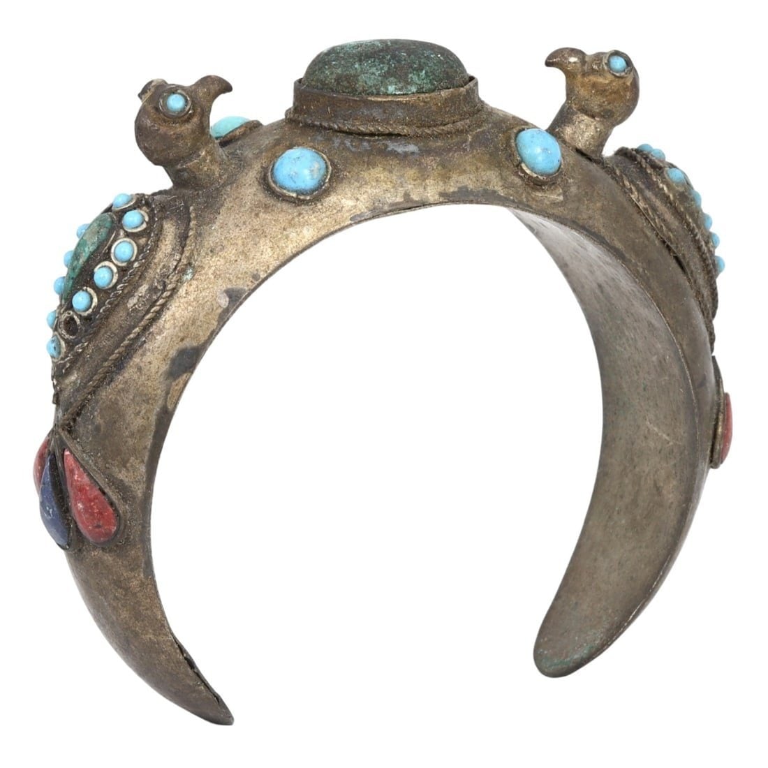 Antique Persian Turquoise and Silver Bangle Bracelet with 2 Cockerel (1 of 2)