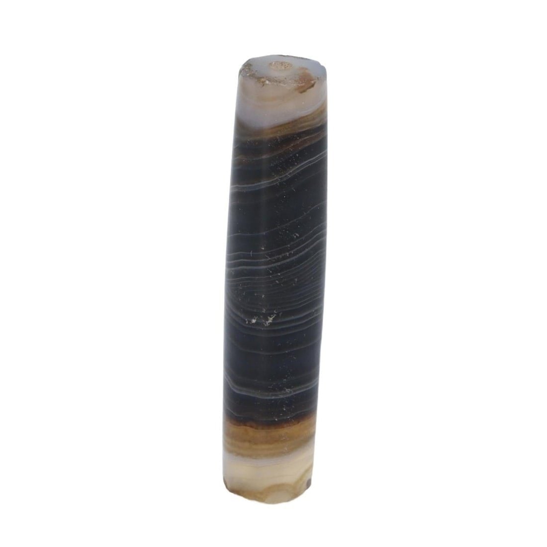 An Antique Persian Banded Agate "Eye" Cylindrical Bead, c. 10th-16th Century: This antique Persian banded agate bead, crafted between the 10th and 16th centuries, features a captivating "eye" effect at its core, a distinguished Persian artistic tradition. The meticulous cut emp