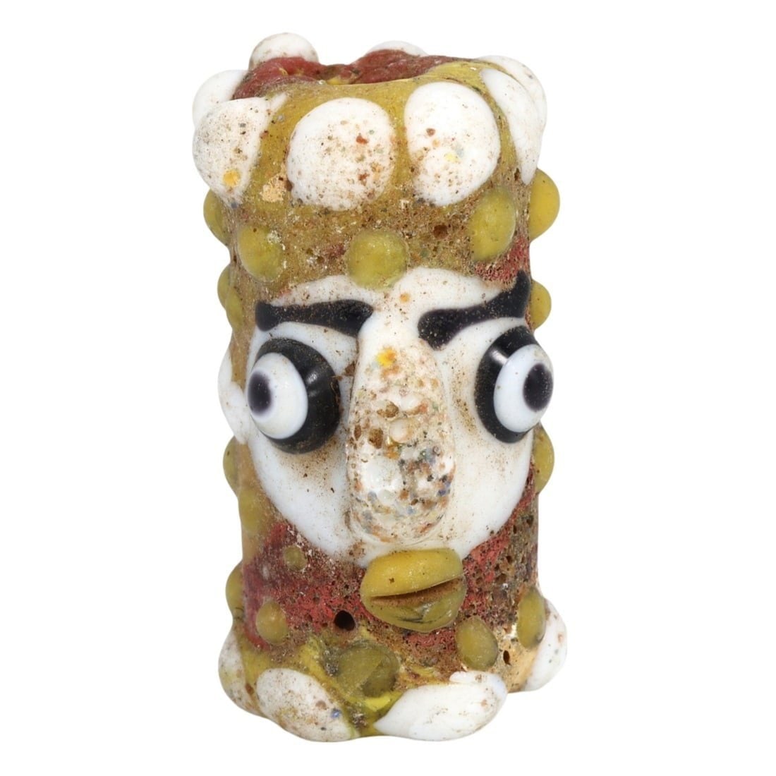 An Antique Mosaic Glass Phoenician Pattern Face Bead: This exquisite Phoenician pattern face bead, made from finely crafted mosaic glass. This bead exemplifies the intricate craftsmanship and vibrant artistic traditions of the Iron Age in Central Asia. S