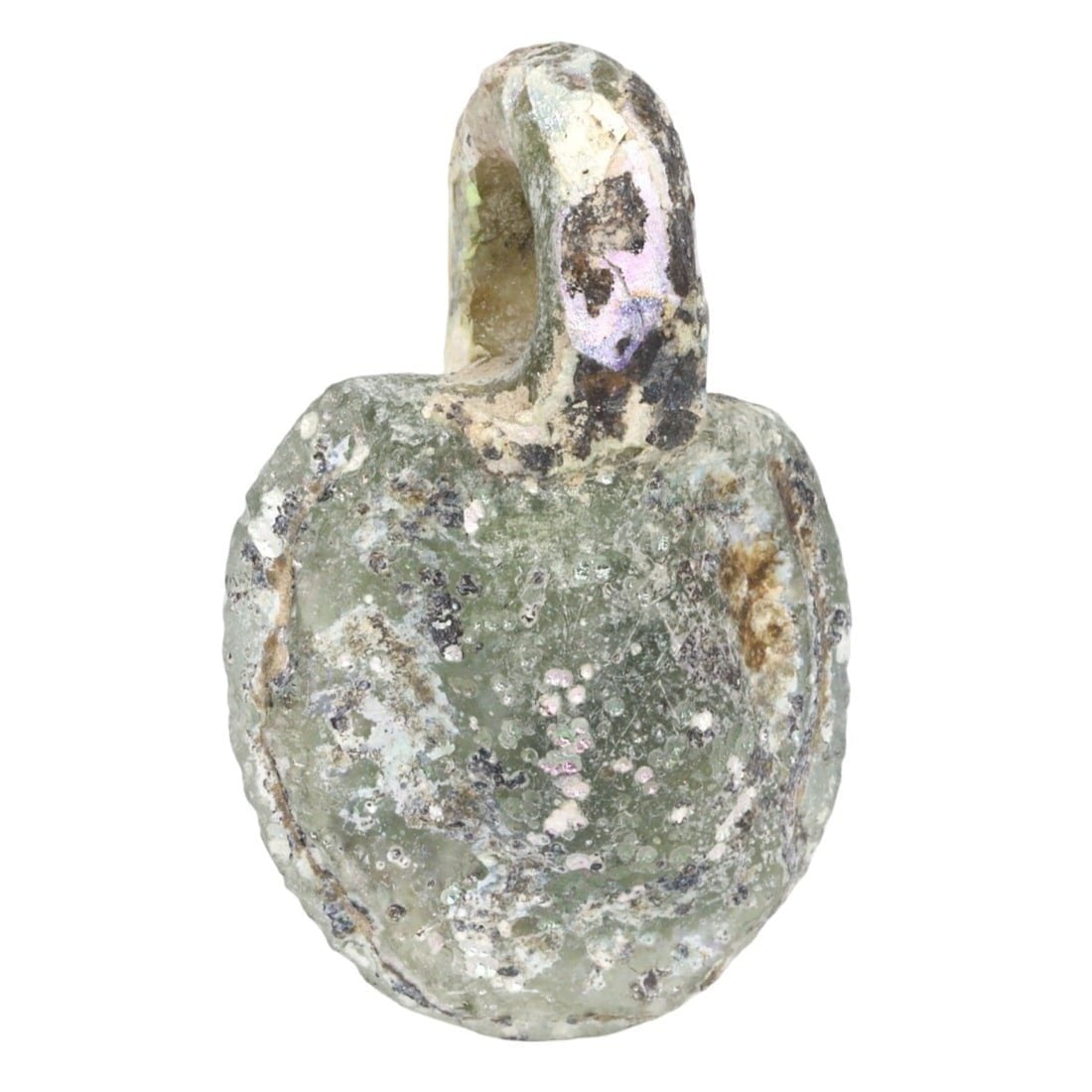 An Ancient Roman Glass Locket Pendant, ca. 1st-3rd Century CE: Showcasing the sophisticated glassmaking techniques of ancient Rome, this glass locket pendant is a testament to the artistic and personal expressions of the era. Its encapsulation of multicolored pat