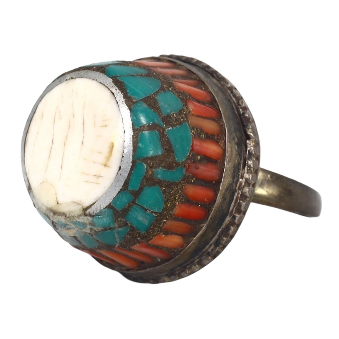 An Antique Tibetan Coral, Turquoise, and Gilt Silver Cocktail Ring (1 of 2)