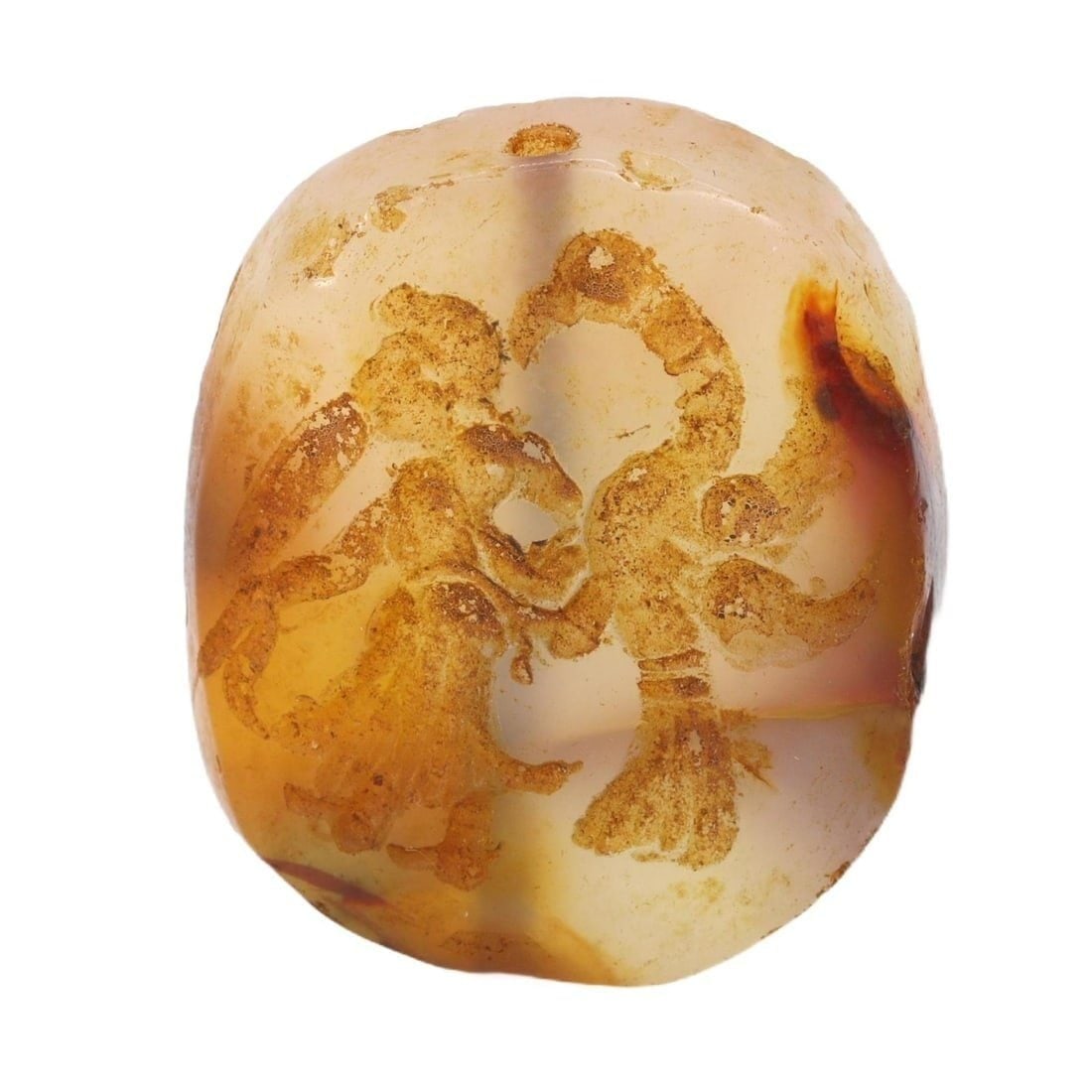 Ancient Achaemenid Carnelian Stamp Seal with Battle Scene, c. 550-330 BCE: An exceptional artifact, this carnelian stamp seal from the Achaemenid Empire captures a dynamic battle scene, showcasing the artistic prowess and storytelling through engraving. Such imagery was comm