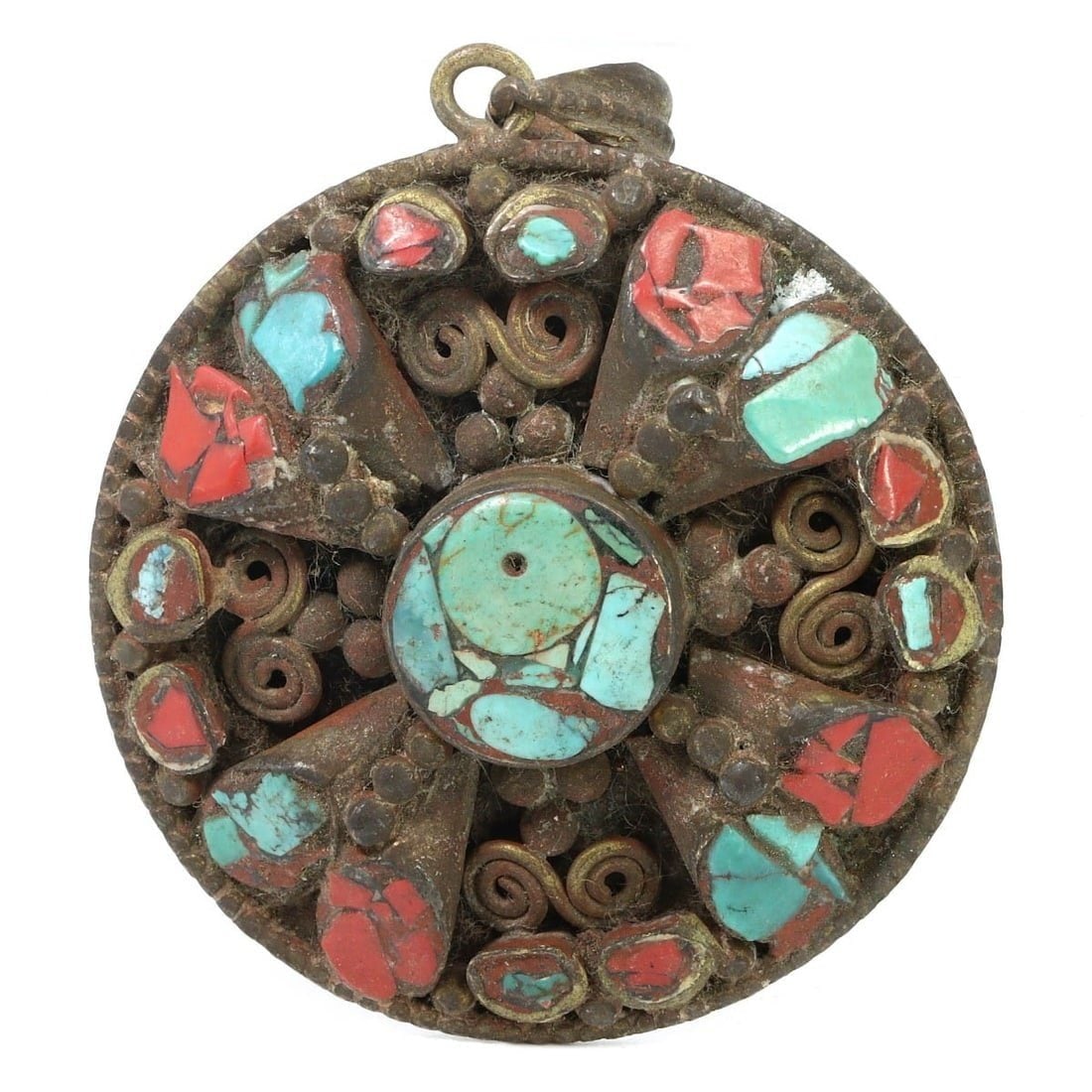 Antique Tibetan Silver Locket Amulet Pendant with Turquoise and Red Howlite Chips (1 of 1)