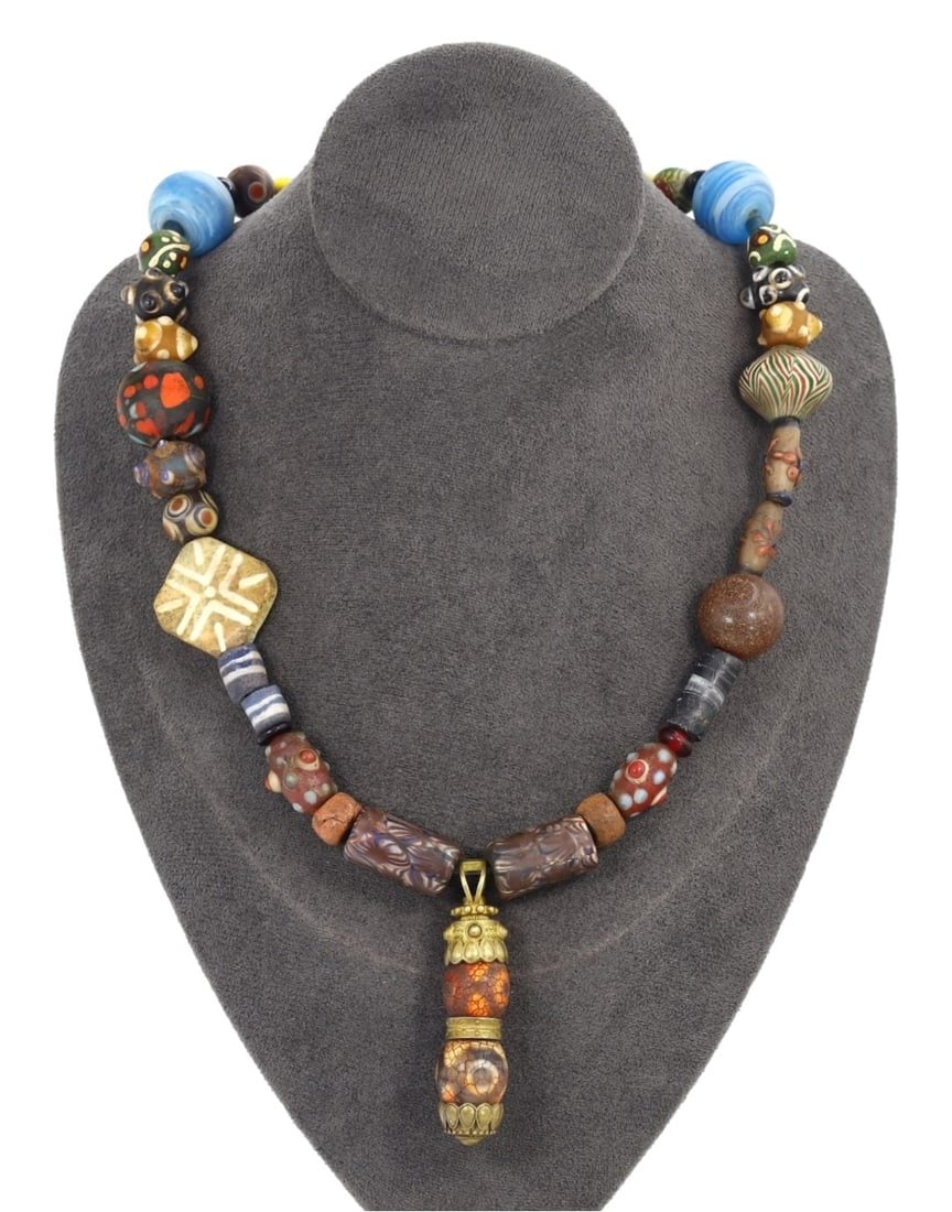 African Trade Beads Necklace with Tibetan dzi Bead Necklace Pendant (1 of 1)