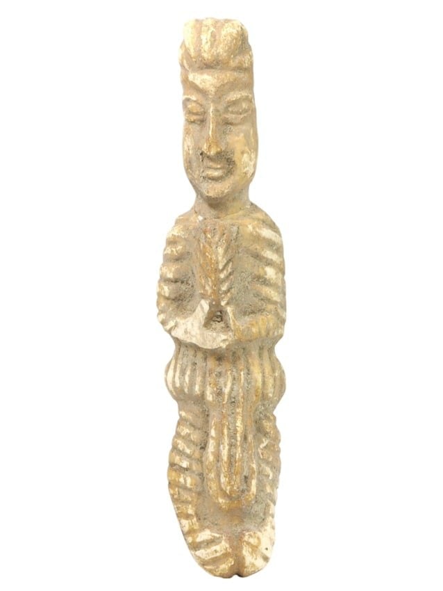 An Ancient Coptic Egyptian Byzantine Whale Bone Idol Carving Figurine: This intricately carved full-body figurine, made from whale bone, dates back to the ancient Coptic Egyptian Byzantine period, circa 4th-7th century CE. The figurine showcases the detailed craftsmanshi