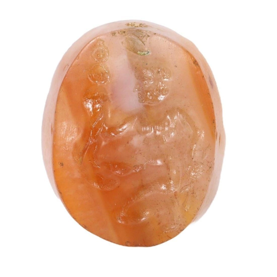 Ancient Parthian to Roman Carnelian Stamp Seal, c. 1st Century BCE to 3rd Century CE: This exquisite carnelian stamp seal embodies the cross-cultural craftsmanship between the Parthian and Roman civilizations. Carved with precision, it depicts a figure in relief, a common iconographic 