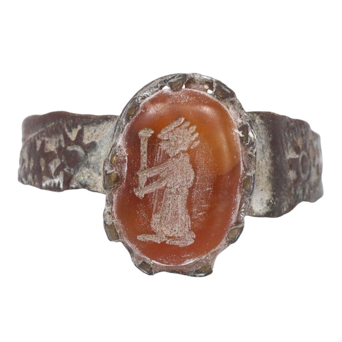 An Ancient Sasanian Carnelian Bronze Intaglio Stamp Seal Signet Ring: This exquisite intaglio stamp seal signet ring, made from rich red-orange carnelian set in bronze. Dating back to the Sasanian period (c. 224-651 AD), it exemplifies the intricate craftsmanship and ar