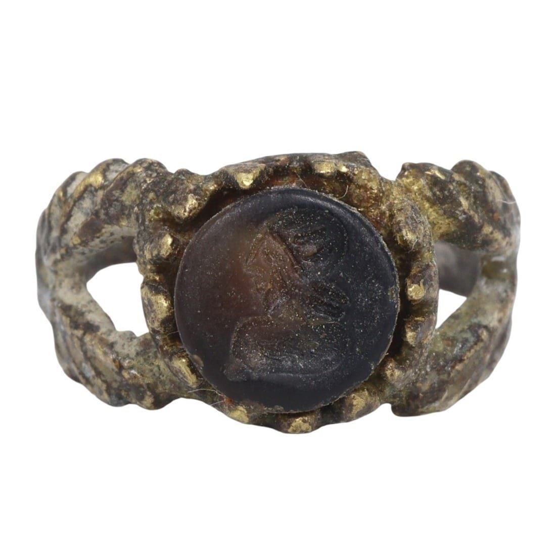 An Ancient Sasanian Carnelian Bronze Intaglio Stamp Seal Signet Ring: This intaglio stamp seal signet ring, made from carnelian and set in bronze, dates back to the Sasanian period (c. 224-651 CE). It exemplifies the exquisite craftsmanship and cultural significance of 