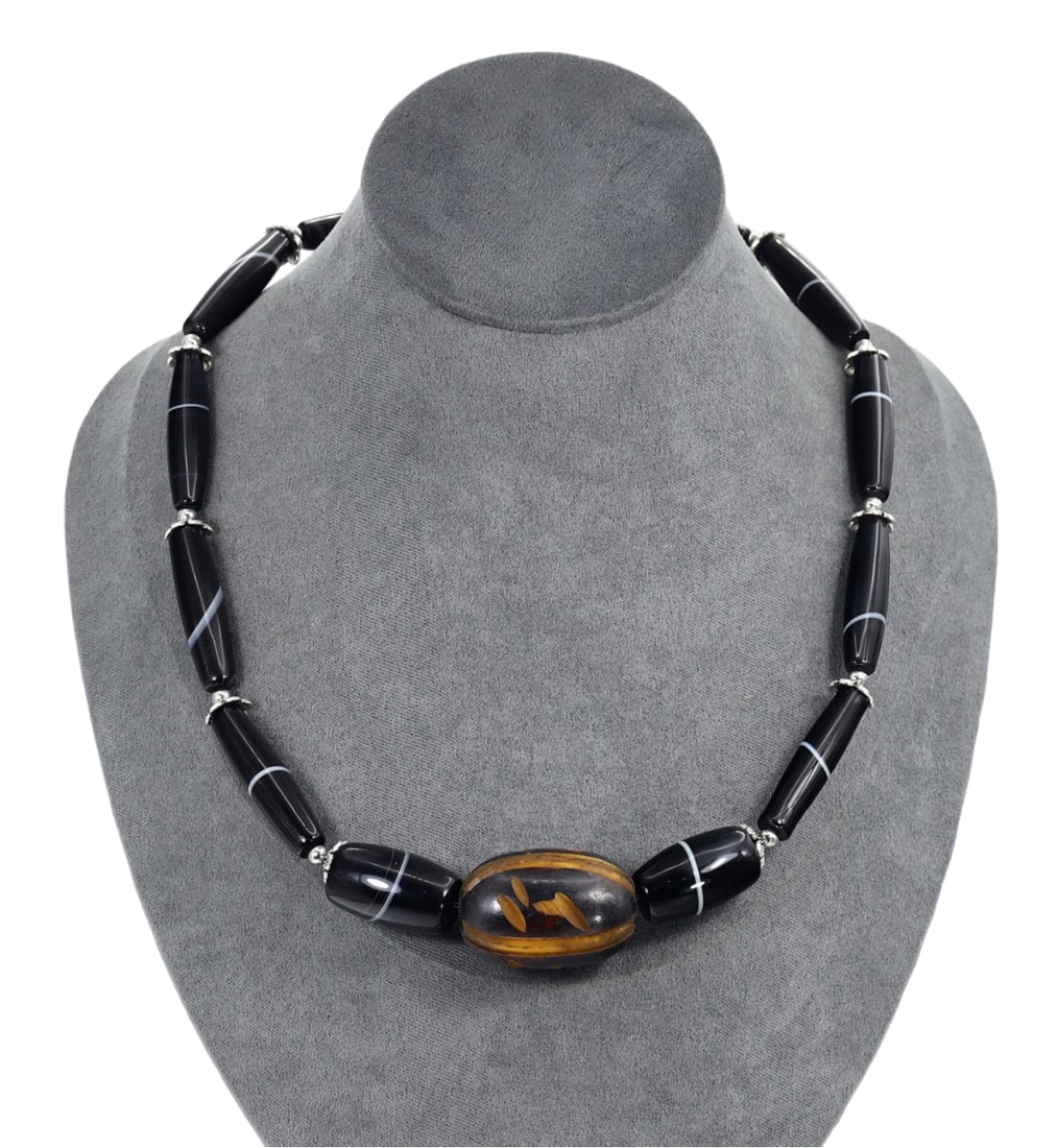 Native Himalayan Striped Agate with Carved Amulet Beaded Necklace: Native Himalayan Striped Agate with Carved Amulet Beaded Necklace