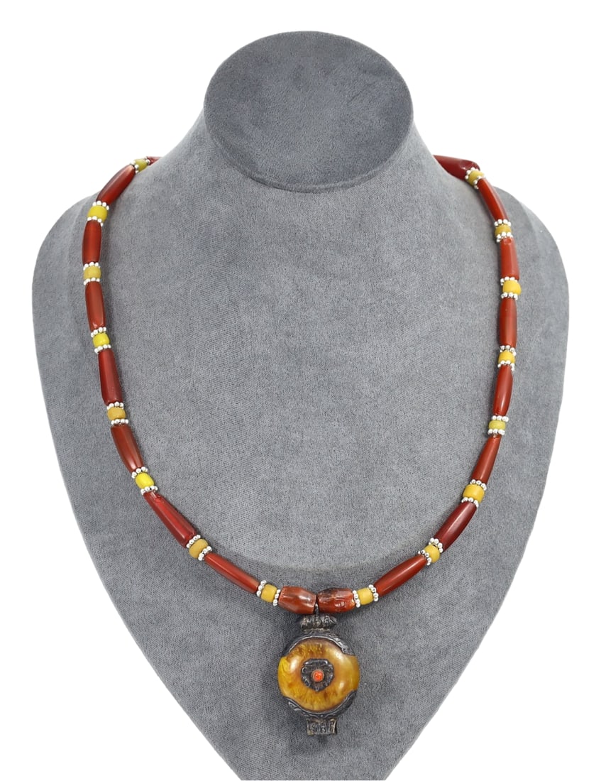 Himalayan Tibetan Carnelian and Glass Beaded Necklace with Pressed Amber Pendant (1 of 1)