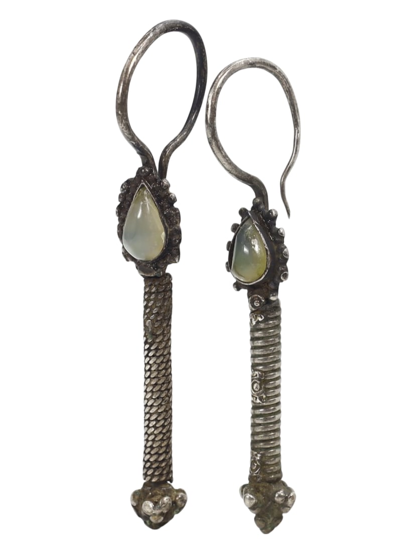 Pair of Antique Islamic Gemstone Silver Drop Earrings: Pair of Antique Islamic Gemstone Silver Drop Earrings