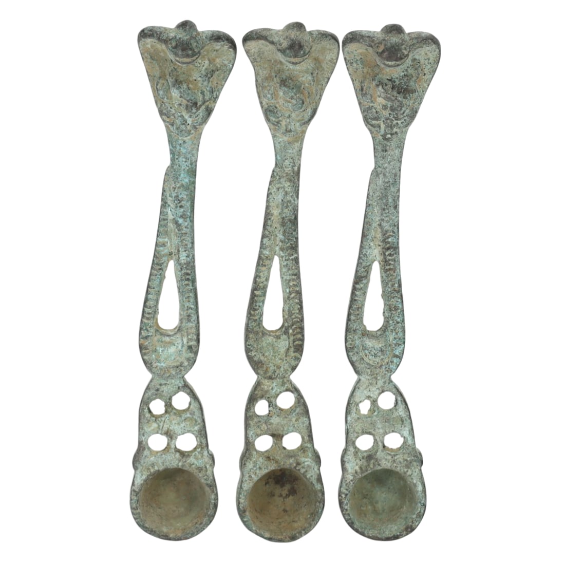 Lot of 3 Indo-Himalayan Cobra Handle Bronze Ritual Spoons (1 of 2)