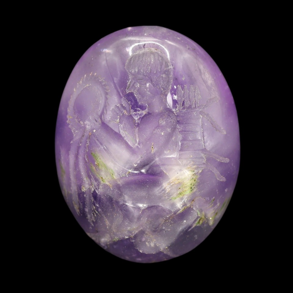 Ancient Greco-Roman Carved Amethyst Intaglio Stamp Seal: Ancient Greco-Roman Carved Amethyst Intaglio Stamp Seal