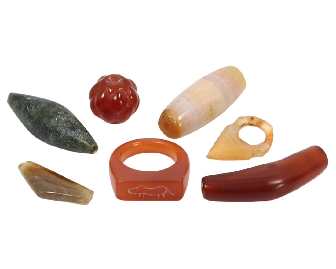 Lot of 7 Central Asian Silk Road Persian Carved Agate Amulet Beads and Ring (1 of 1)