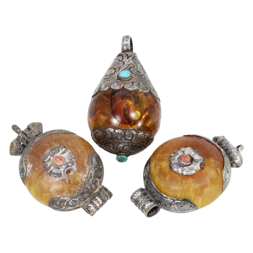 Lot of 3 Traditional Himalayan Tibetan Pressed Amber Locket Pendants: Lot of 3 Traditional Himalayan Tibetan Pressed Amber Locket Pendants