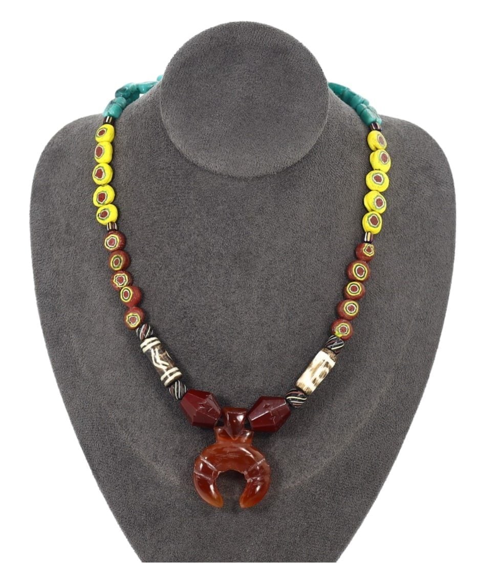 Antique African Venetian Murano Millefiori Beads with Carved Coptic Amulet: Antique African Venetian Murano Millefiori Beads with Carved Coptic Amulet