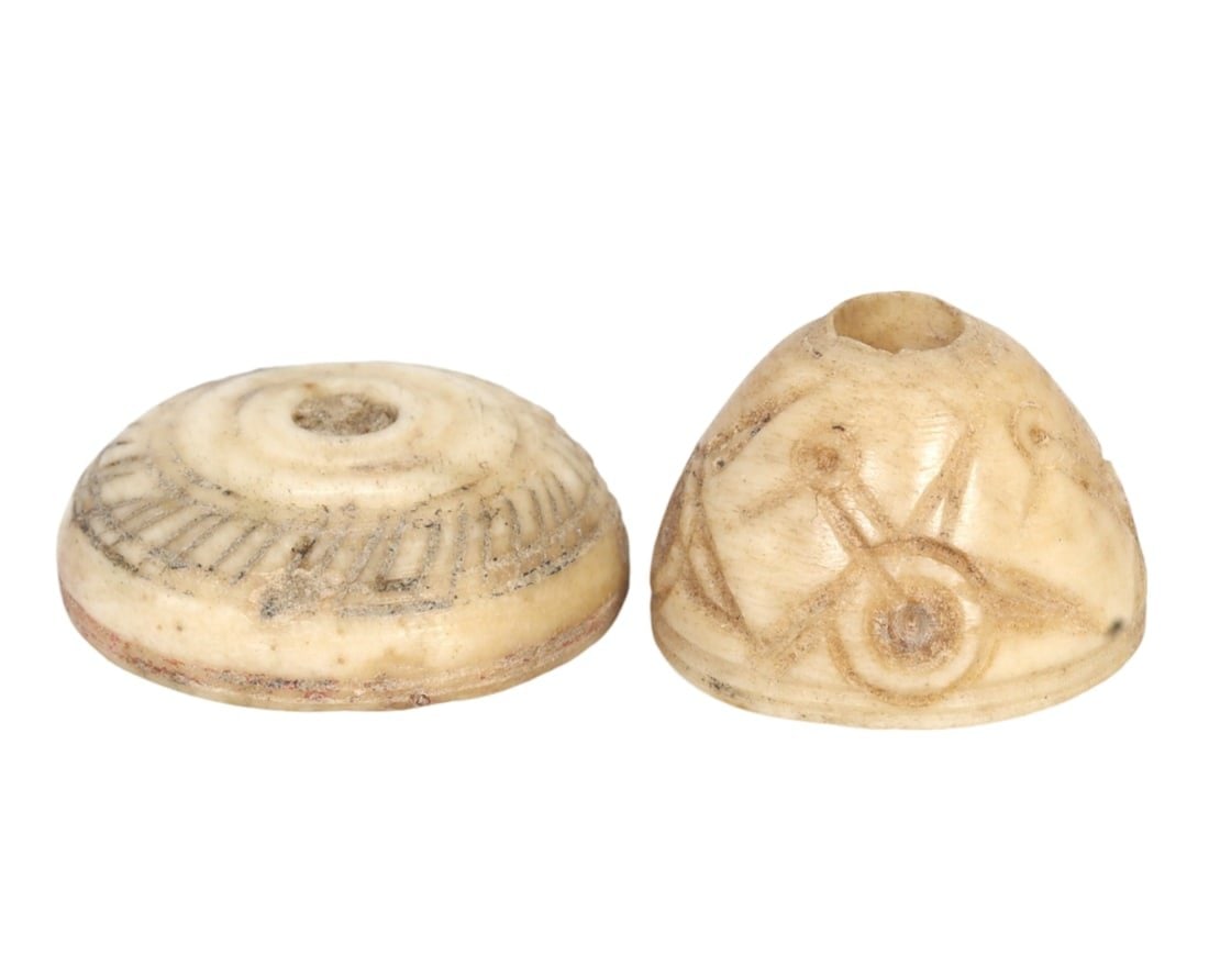 Lot of 2 Ancient Nishapur Carved Conch Shell Spinning Whorls (1 of 1)